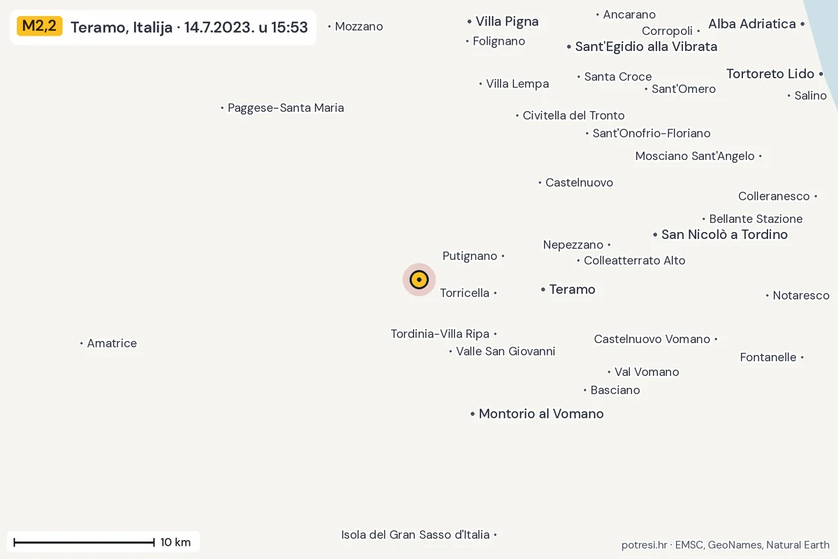 Karta: okolica epicentra, 60 km, potres M2,2, Teramo, Italija, 14.7.2023.
