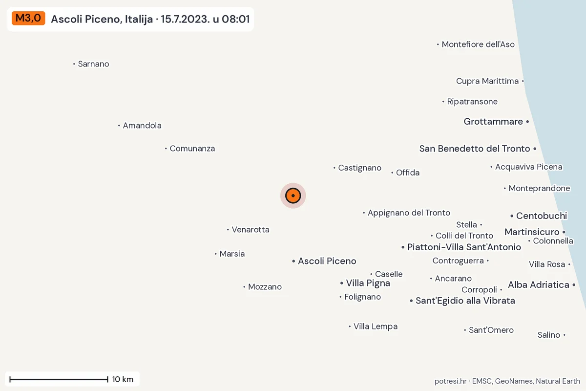 Karta: okolica epicentra, 60 km, potres M3,0, Ascoli Piceno, Italija, 15.7.2023.