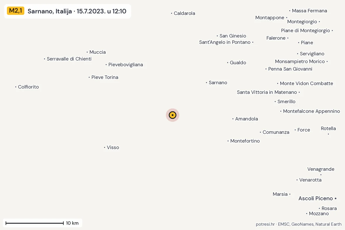 Karta: okolica epicentra, 60 km, potres M2,1, Sarnano, Italija, 15.7.2023.