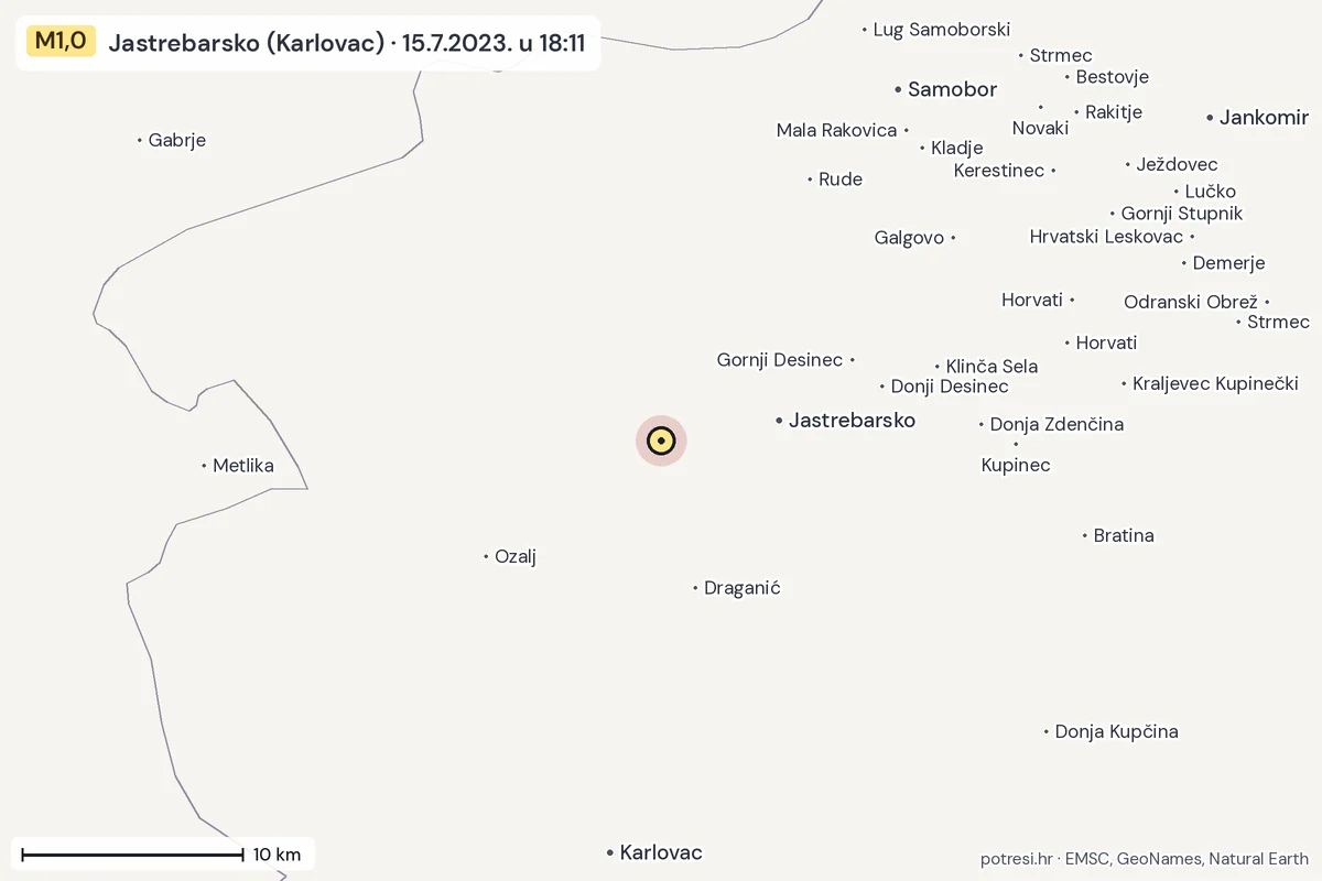 Karta: okolica epicentra, 60 km, potres M1,0, Jastrebarsko (Karlovac), 15.7.2023.