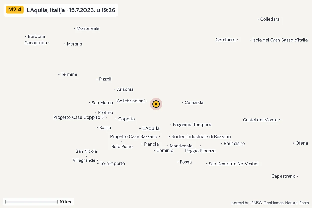Karta: okolica epicentra, 60 km, potres M2,4, L'Aquila, Italija, 15.7.2023.