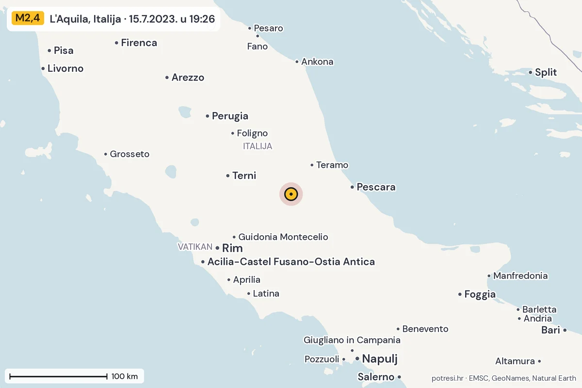 Karta: šire područje, 600 km, potres M2,4, L'Aquila, Italija, 15.7.2023.