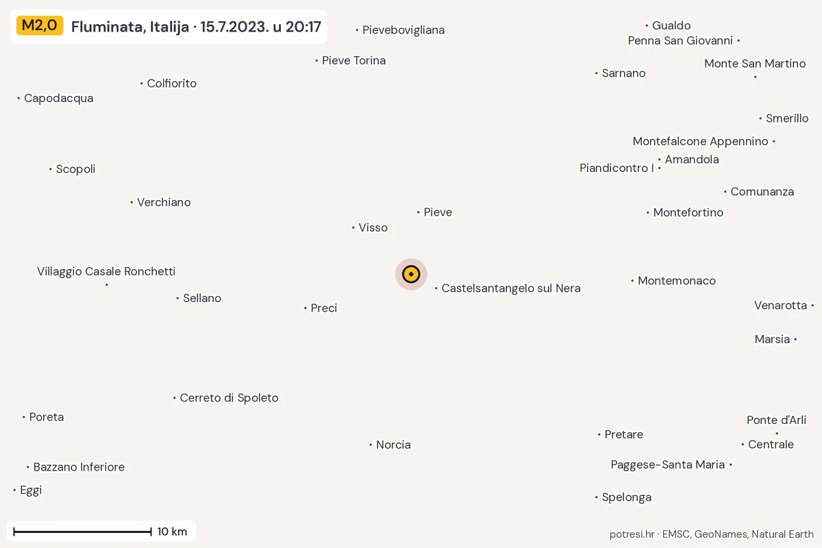 Karta: okolica epicentra, 60 km, potres M2,0, Fluminata, Italija, 15.7.2023.