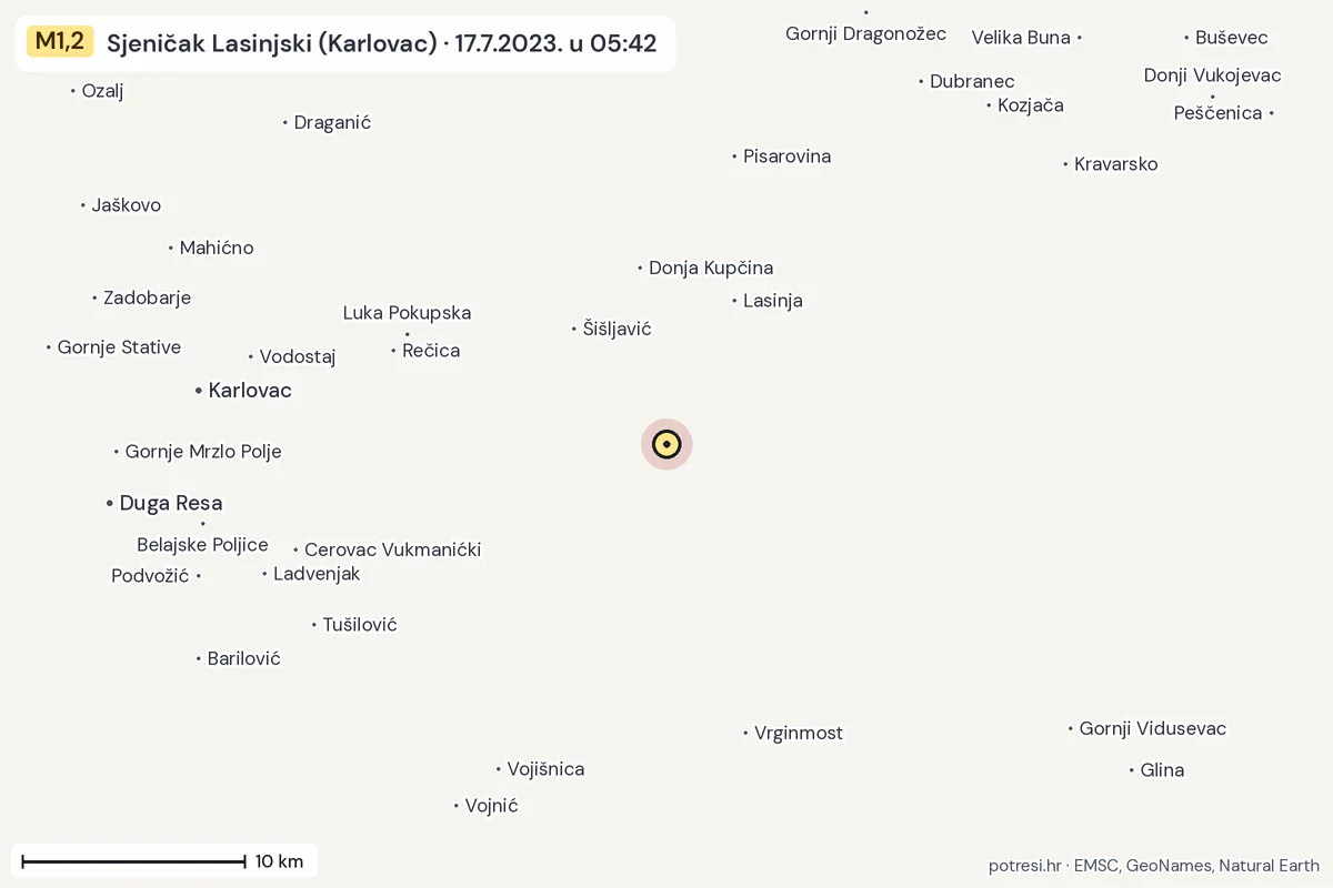 Karta: okolica epicentra, 60 km, potres M1,2, Sjeničak Lasinjski (Karlovac), 17.7.2023.