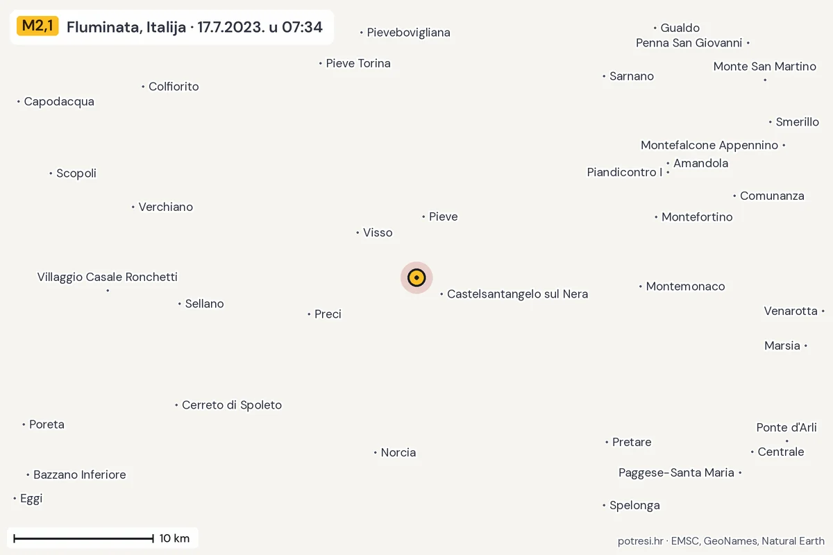 Karta: okolica epicentra, 60 km, potres M2,1, Fluminata, Italija, 17.7.2023.