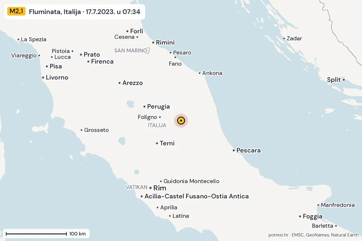 Karta: šire područje, 600 km, potres M2,1, Fluminata, Italija, 17.7.2023.