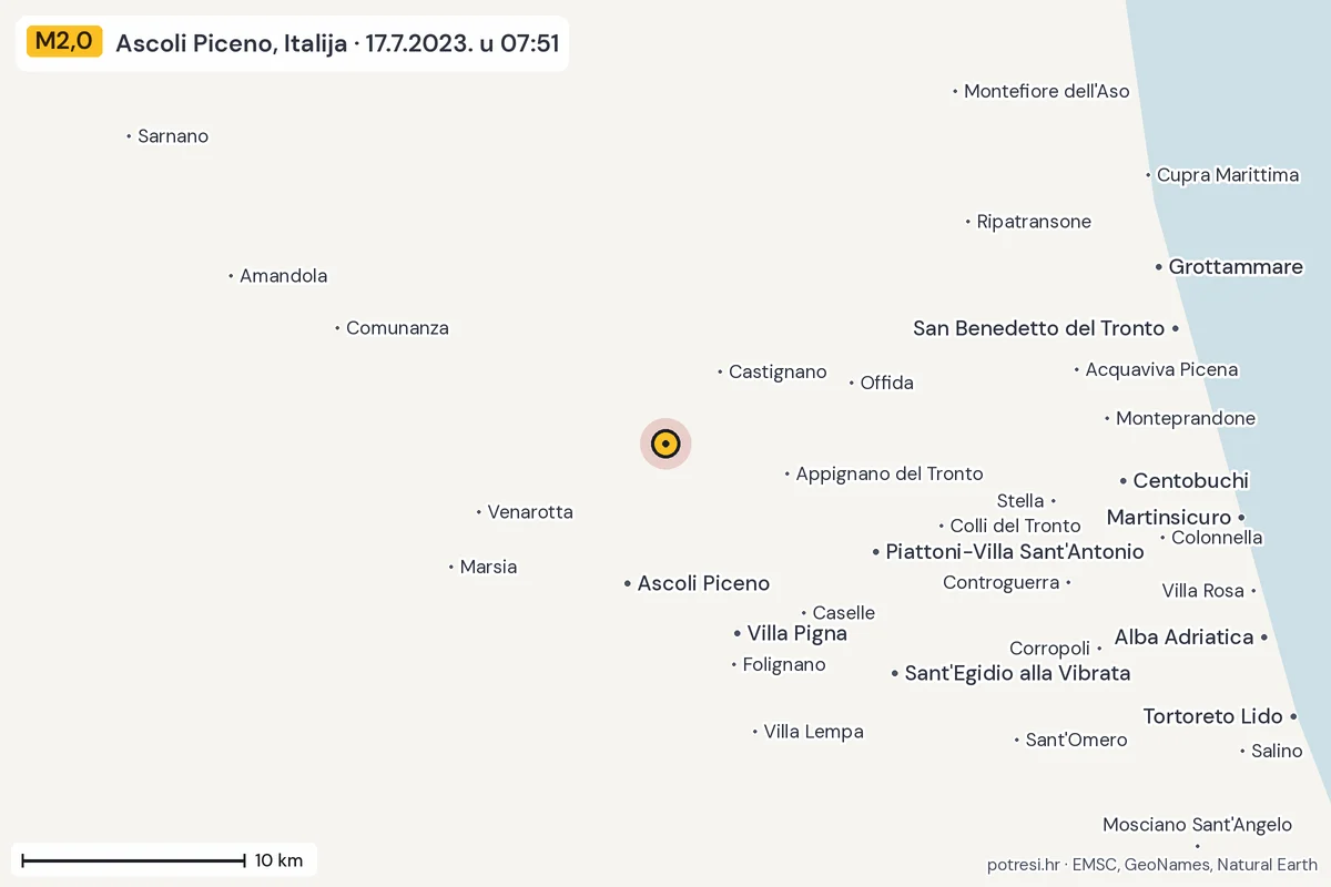 Karta: okolica epicentra, 60 km, potres M2,0, Ascoli Piceno, Italija, 17.7.2023.