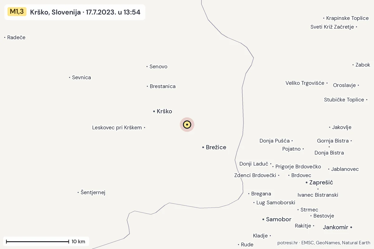Karta: okolica epicentra, 60 km, potres M1,3, Krško, Slovenija, 17.7.2023.