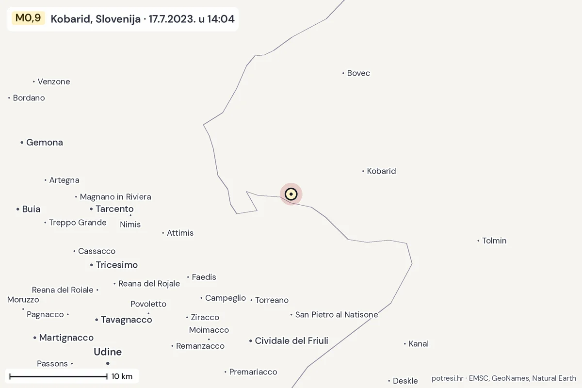 Karta: okolica epicentra, 60 km, potres M0,9, Kobarid, Slovenija, 17.7.2023.