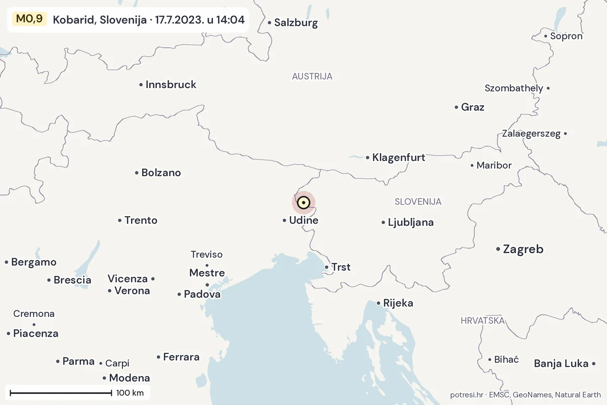 Karta: šire područje, 600 km, potres M0,9, Kobarid, Slovenija, 17.7.2023.
