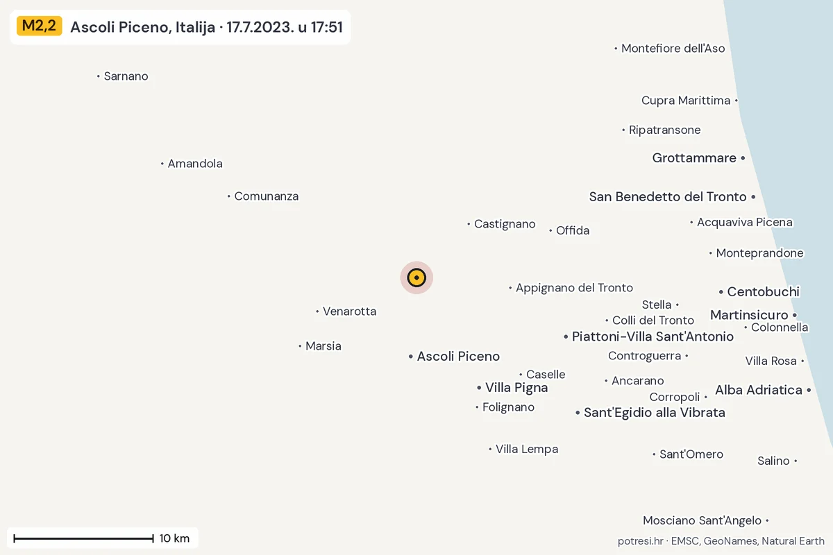Karta: okolica epicentra, 60 km, potres M2,2, Ascoli Piceno, Italija, 17.7.2023.