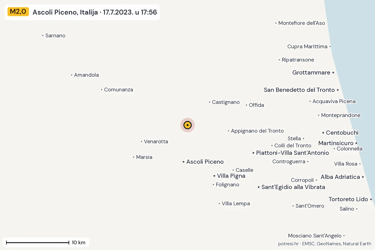 Karta: okolica epicentra, 60 km, potres M2,0, Ascoli Piceno, Italija, 17.7.2023.
