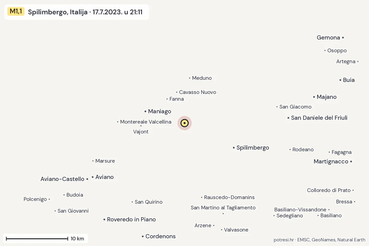 Karta: okolica epicentra, 60 km, potres M1,1, Spilimbergo, Italija, 17.7.2023.