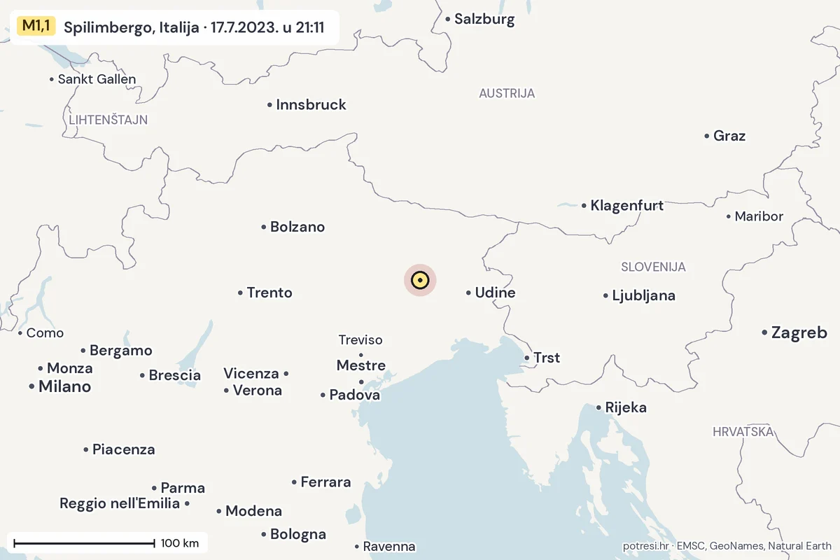 Karta: šire područje, 600 km, potres M1,1, Spilimbergo, Italija, 17.7.2023.