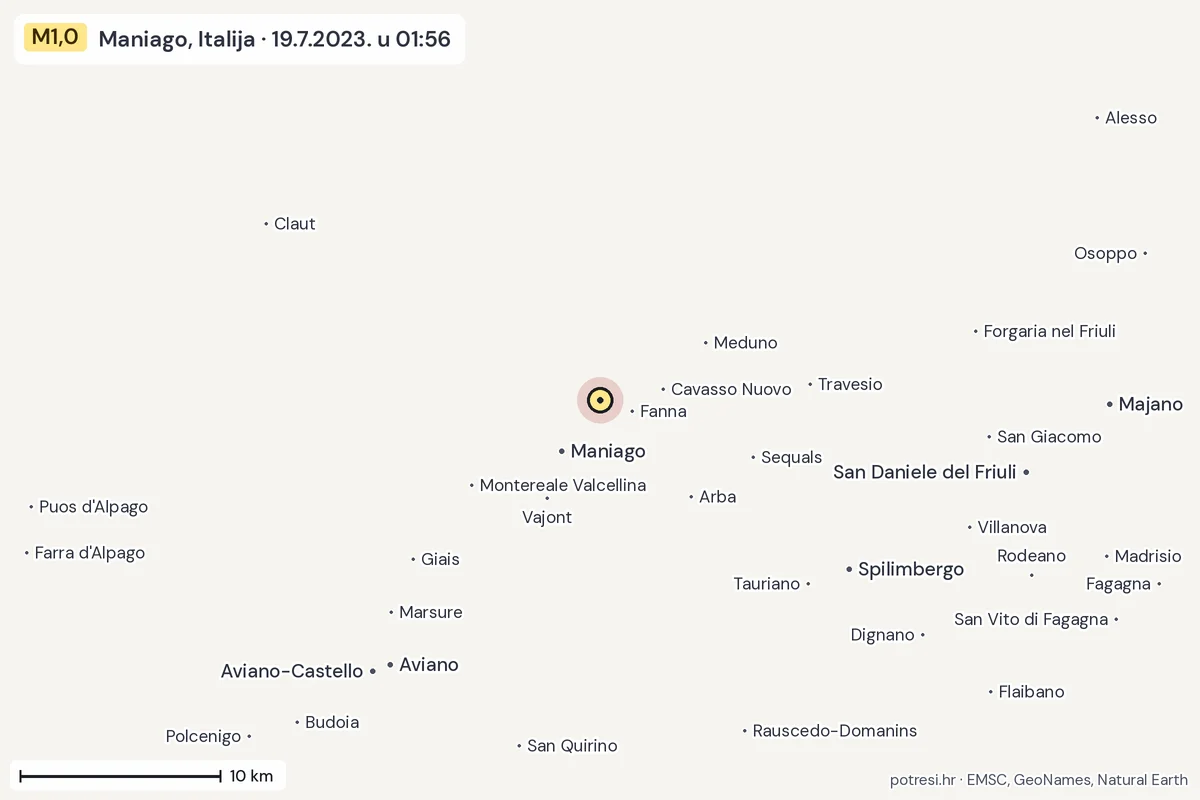 Karta: okolica epicentra, 60 km, potres M1,0, Maniago, Italija, 19.7.2023.