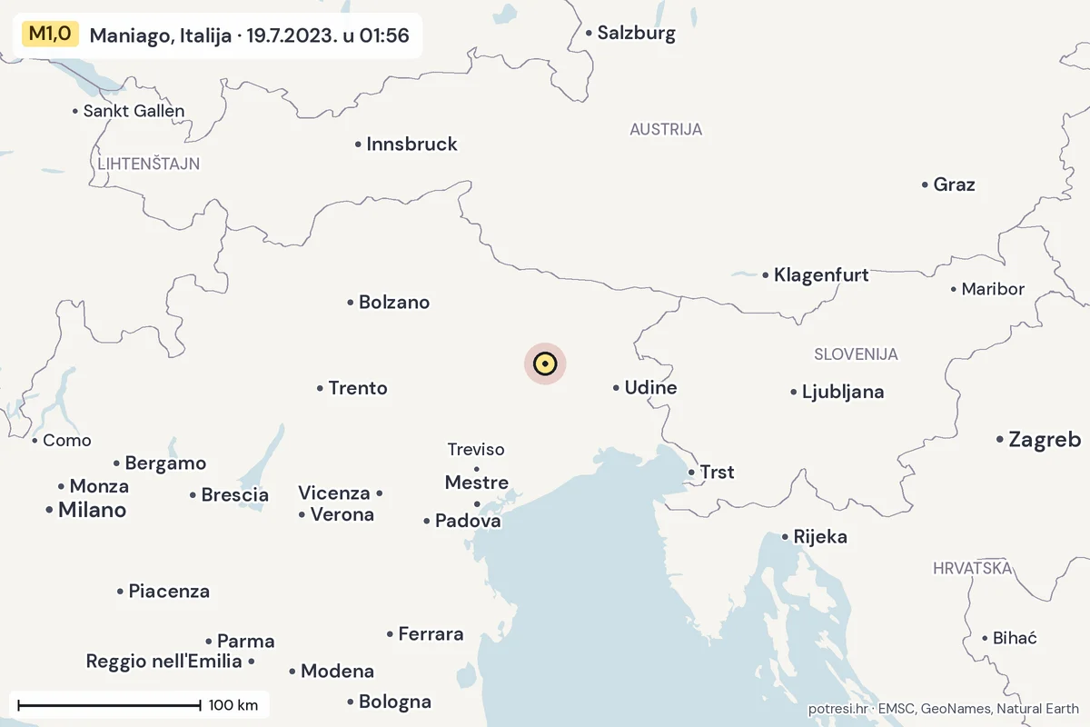 Karta: šire područje, 600 km, potres M1,0, Maniago, Italija, 19.7.2023.