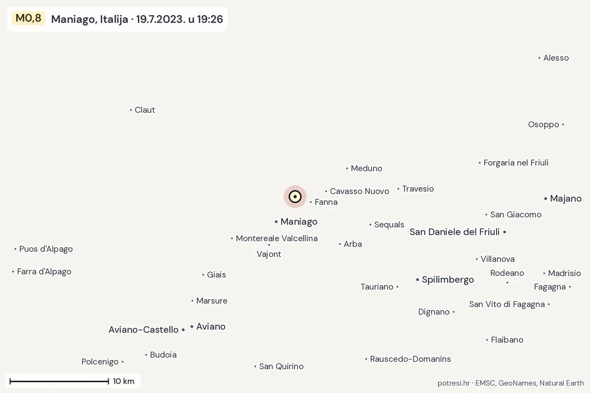 Karta: okolica epicentra, 60 km, potres M0,8, Maniago, Italija, 19.7.2023.