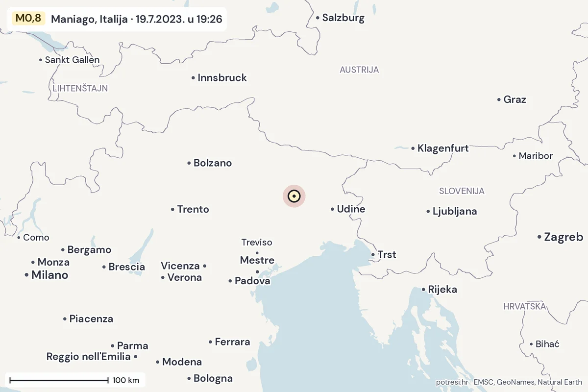 Karta: šire područje, 600 km, potres M0,8, Maniago, Italija, 19.7.2023.