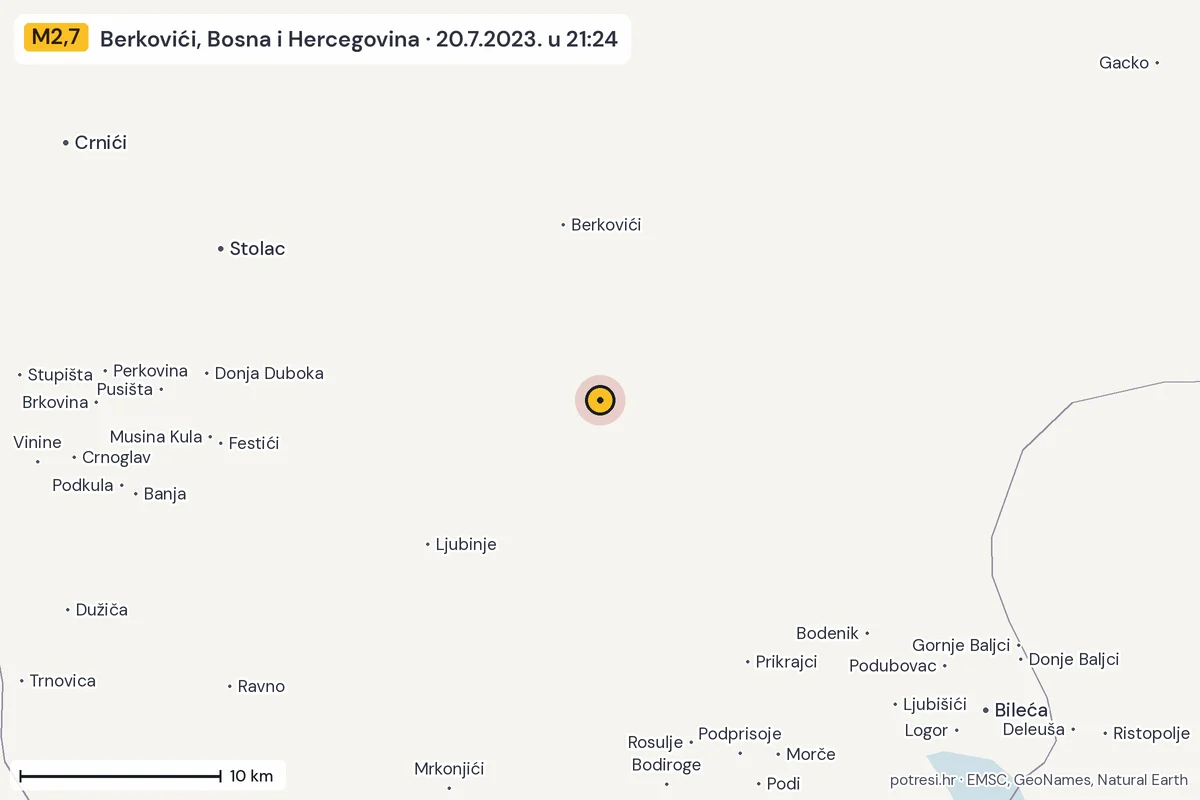 Karta: okolica epicentra, 60 km, potres M2,7, Berkovići, Bosna i Hercegovina, 20.7.2023.