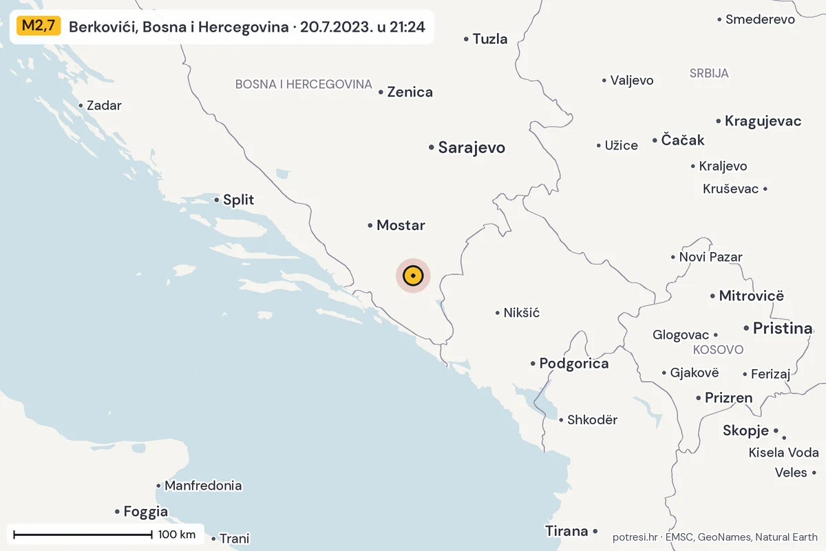 Karta: šire područje, 600 km, potres M2,7, Berkovići, Bosna i Hercegovina, 20.7.2023.