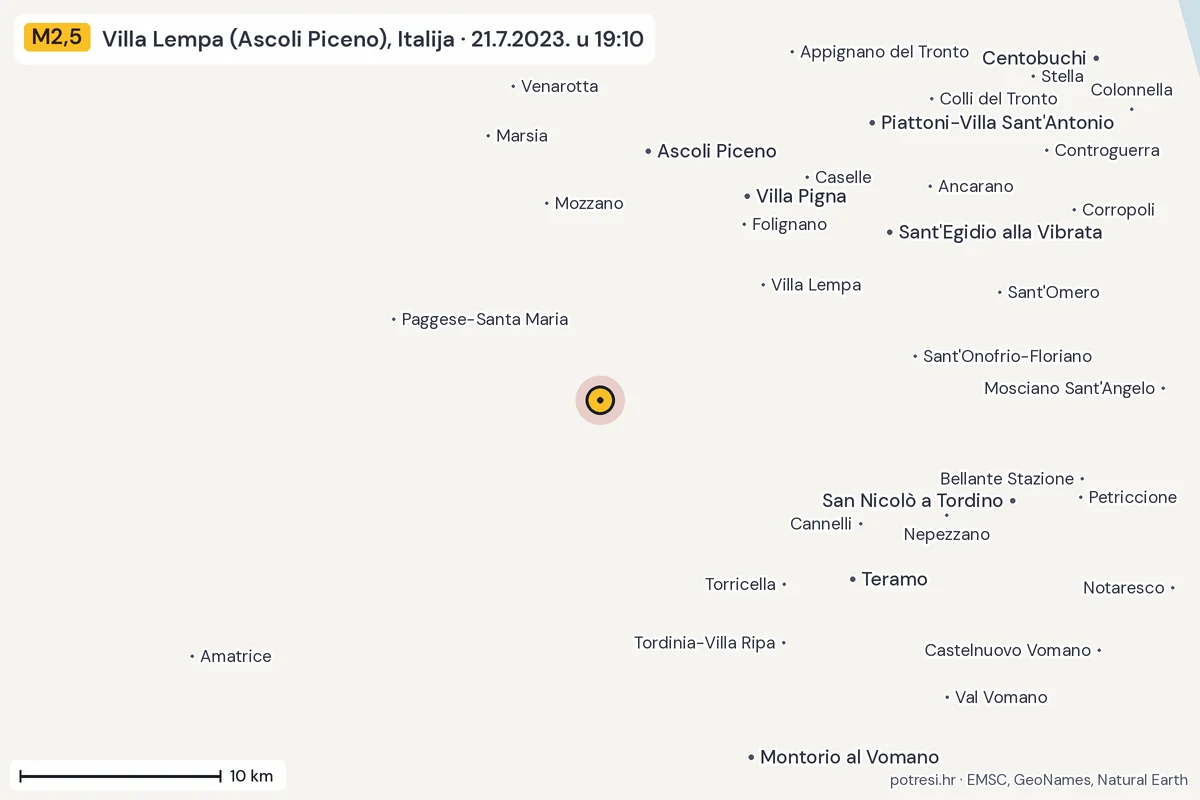 Karta: okolica epicentra, 60 km, potres M2,5, Villa Lempa (Ascoli Piceno), Italija, 21.7.2023.