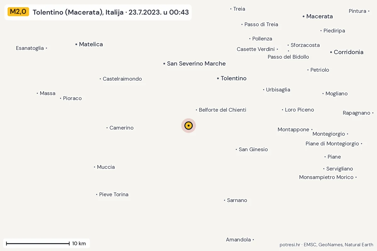 Karta: okolica epicentra, 60 km, potres M2,0, Tolentino (Macerata), Italija, 23.7.2023.