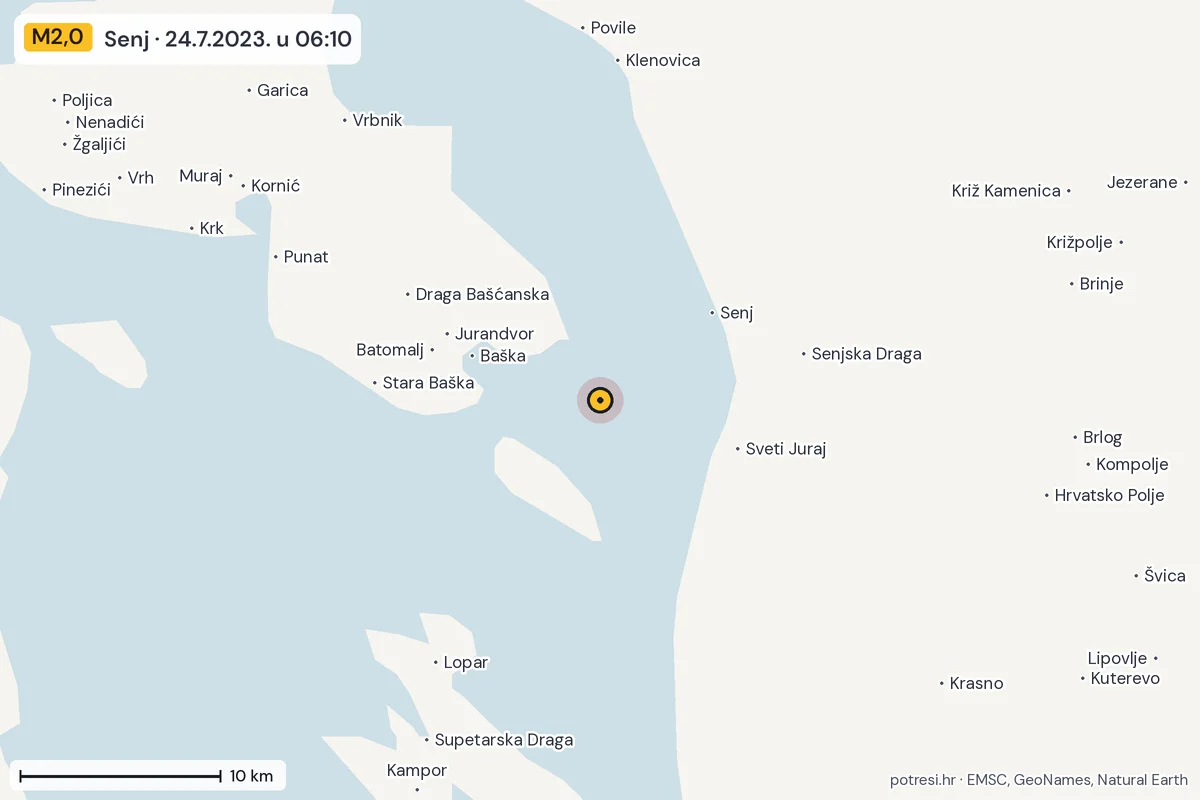 Karta: okolica epicentra, 60 km, potres M2,0, Senj, 24.7.2023.