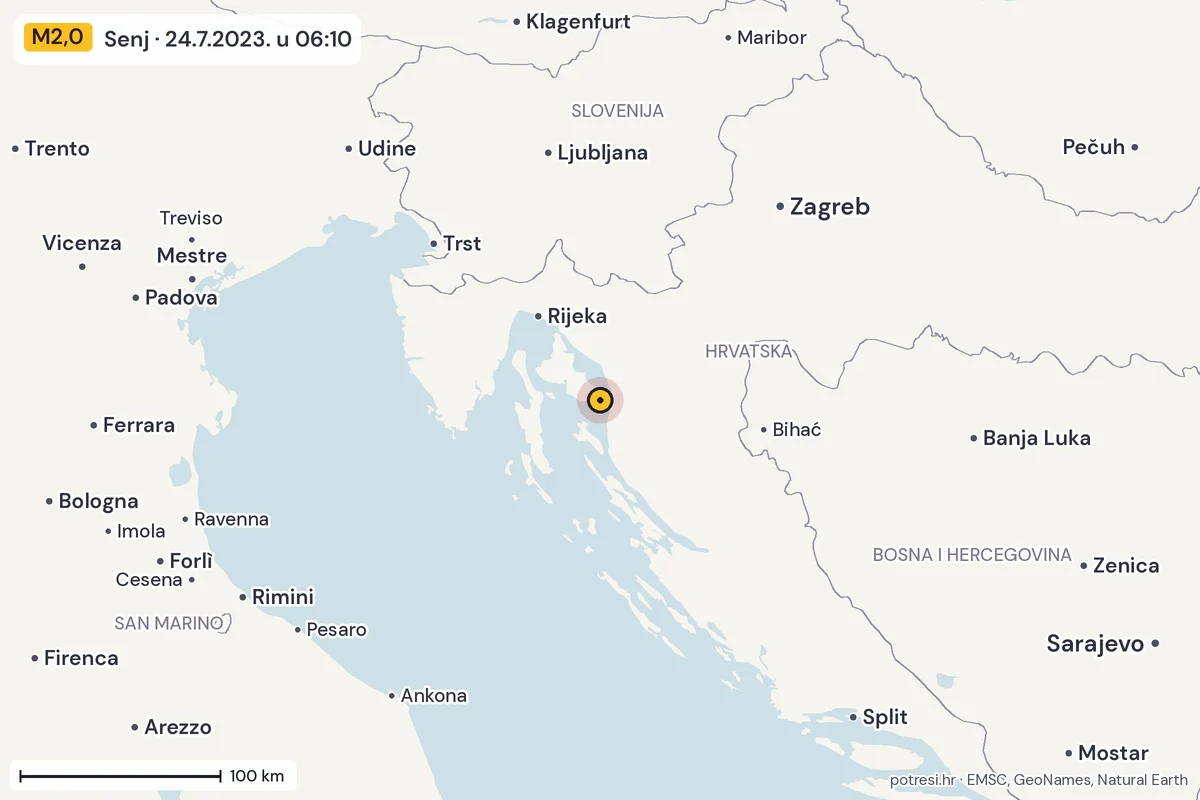 Karta: šire područje, 600 km, potres M2,0, Senj, 24.7.2023.