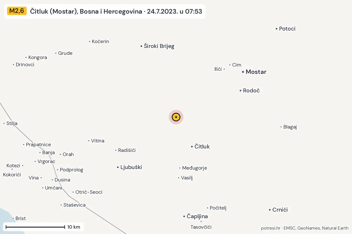 Karta: okolica epicentra, 60 km, potres M2,6, Čitluk (Mostar), Bosna i Hercegovina, 24.7.2023.