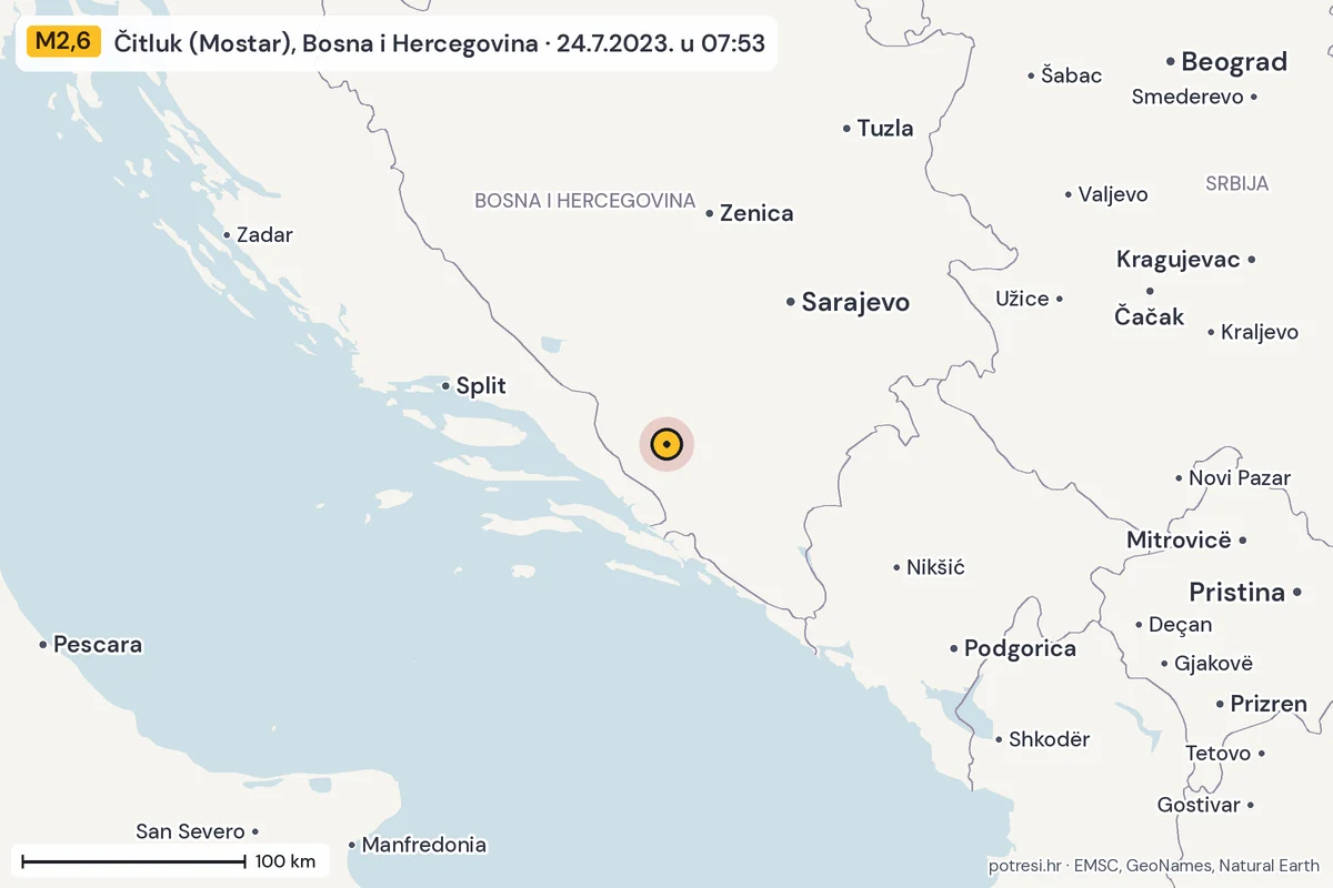 Karta: šire područje, 600 km, potres M2,6, Čitluk (Mostar), Bosna i Hercegovina, 24.7.2023.
