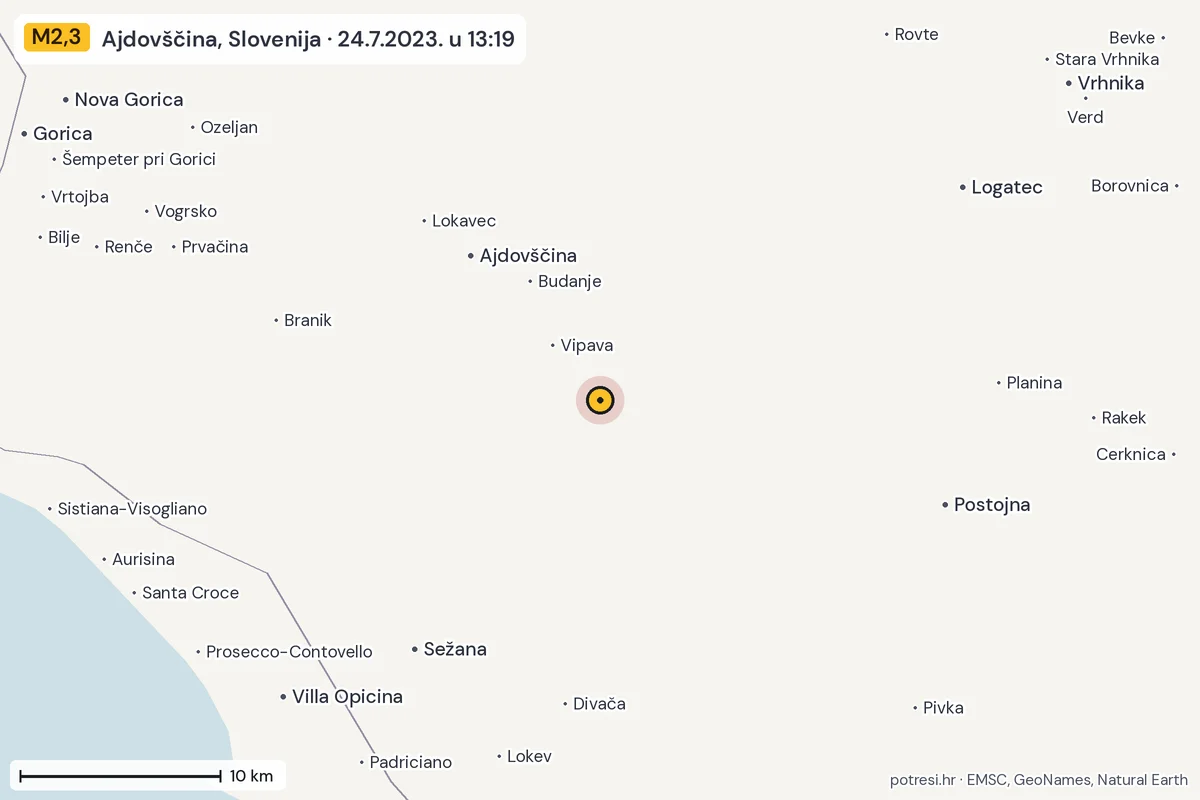 Karta: okolica epicentra, 60 km, potres M2,3, Ajdovščina, Slovenija, 24.7.2023.
