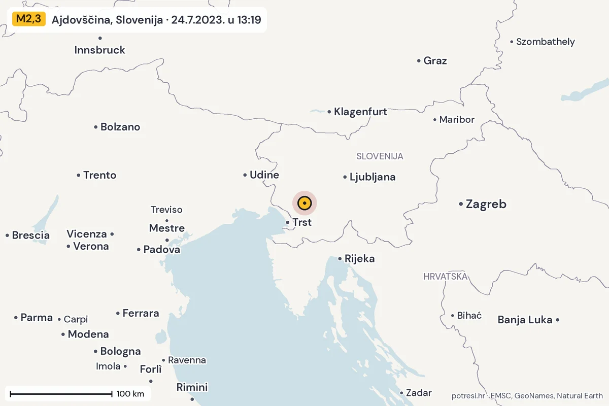 Karta: šire područje, 600 km, potres M2,3, Ajdovščina, Slovenija, 24.7.2023.
