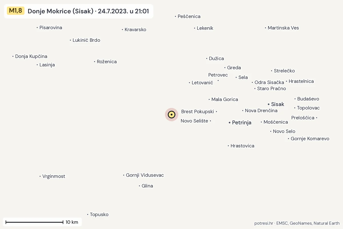 Karta: okolica epicentra, 60 km, potres M1,8, Donje Mokrice (Sisak), 24.7.2023.