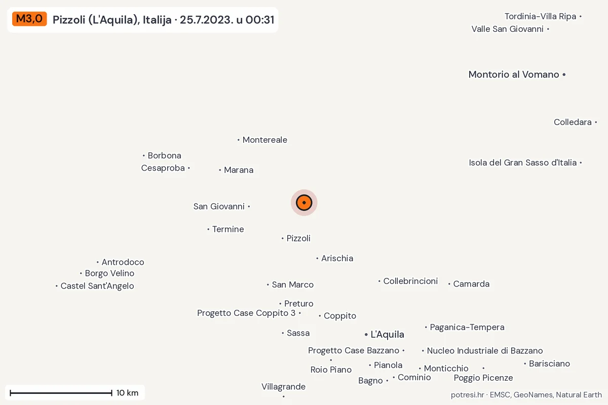 Karta: okolica epicentra, 60 km, potres M3,0, Pizzoli (L'Aquila), Italija, 25.7.2023.