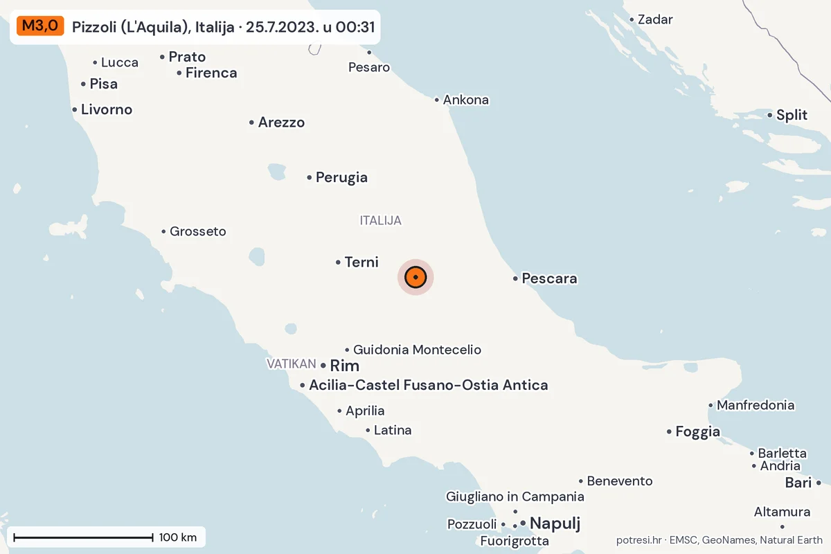 Karta: šire područje, 600 km, potres M3,0, Pizzoli (L'Aquila), Italija, 25.7.2023.