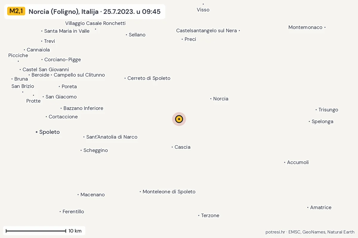 Karta: okolica epicentra, 60 km, potres M2,1, Norcia (Foligno), Italija, 25.7.2023.