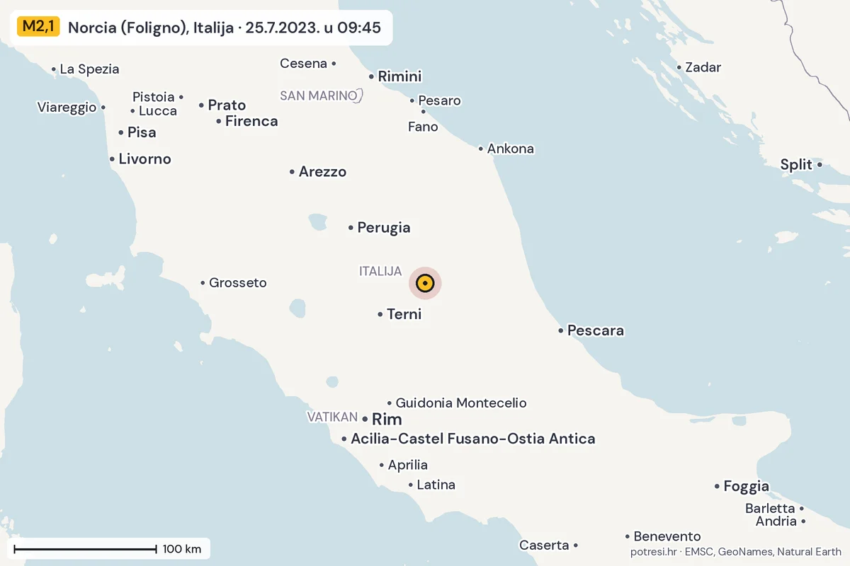Karta: šire područje, 600 km, potres M2,1, Norcia (Foligno), Italija, 25.7.2023.