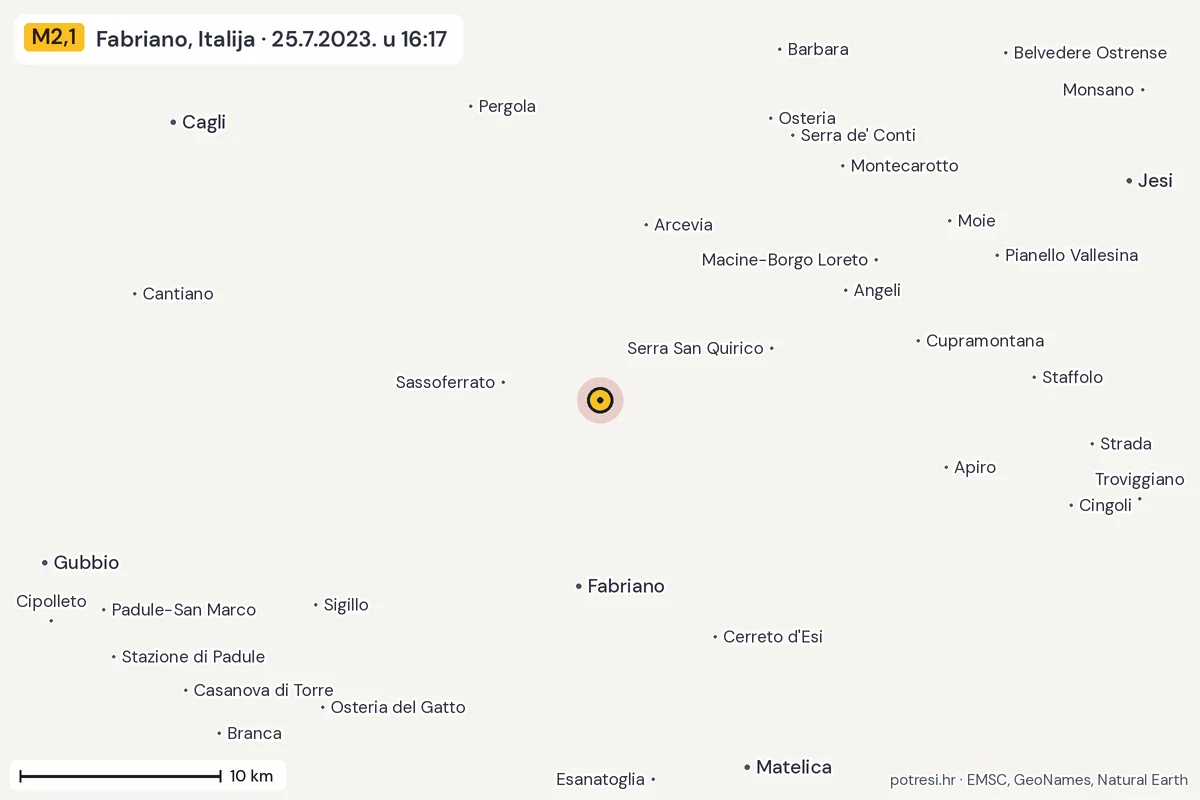 Karta: okolica epicentra, 60 km, potres M2,1, Fabriano, Italija, 25.7.2023.