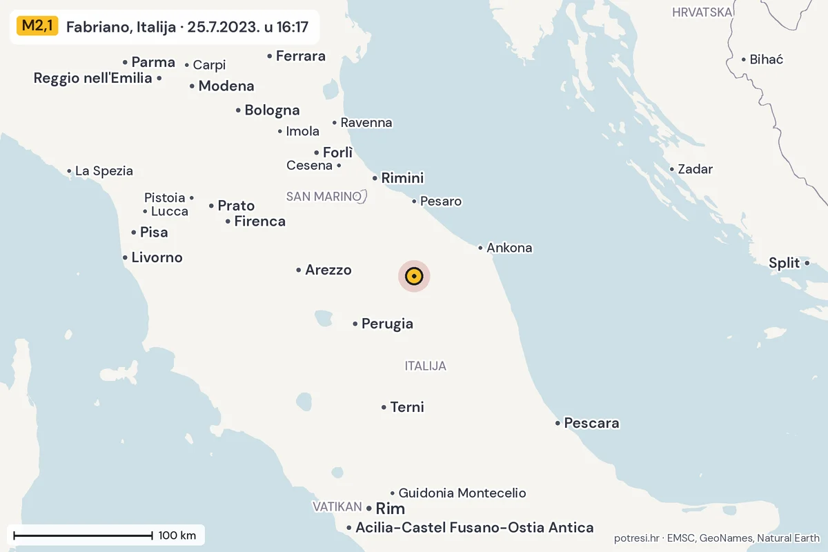 Karta: šire područje, 600 km, potres M2,1, Fabriano, Italija, 25.7.2023.