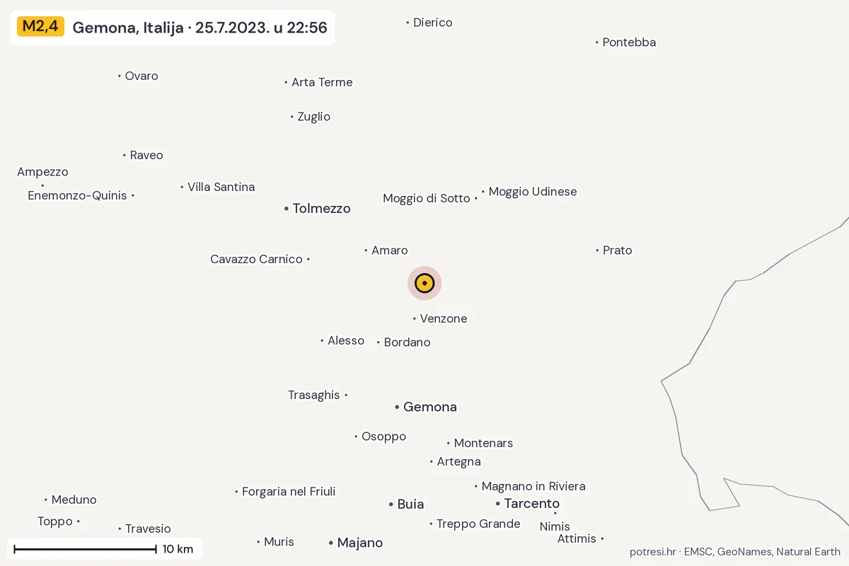 Karta: okolica epicentra, 60 km, potres M2,4, Gemona, Italija, 25.7.2023.