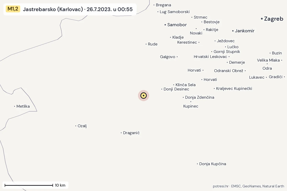 Karta: okolica epicentra, 60 km, potres M1,2, Jastrebarsko (Karlovac), 26.7.2023.