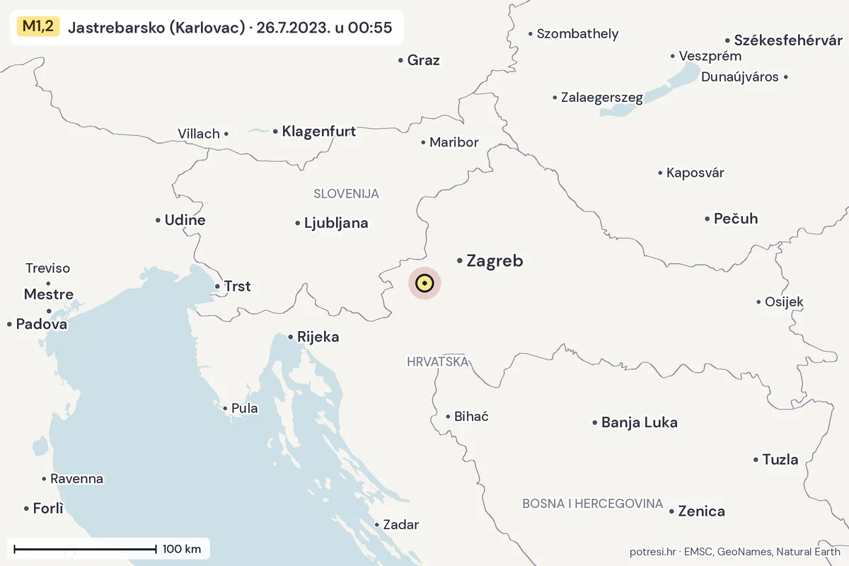 Karta: šire područje, 600 km, potres M1,2, Jastrebarsko (Karlovac), 26.7.2023.
