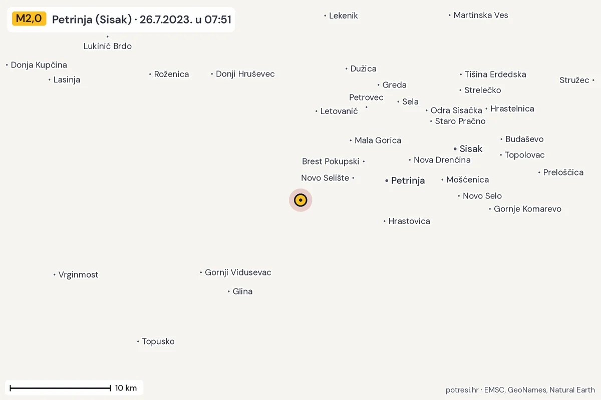 Karta: okolica epicentra, 60 km, potres M2,0, Petrinja (Sisak), 26.7.2023.