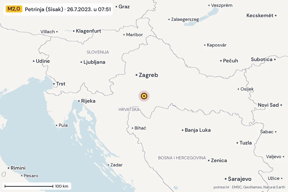 Karta: šire područje, 600 km, potres M2,0, Petrinja (Sisak), 26.7.2023.