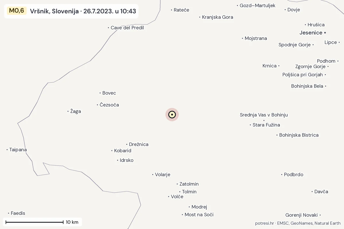 Karta: okolica epicentra, 60 km, potres M0,6, Vršnik, Slovenija, 26.7.2023.