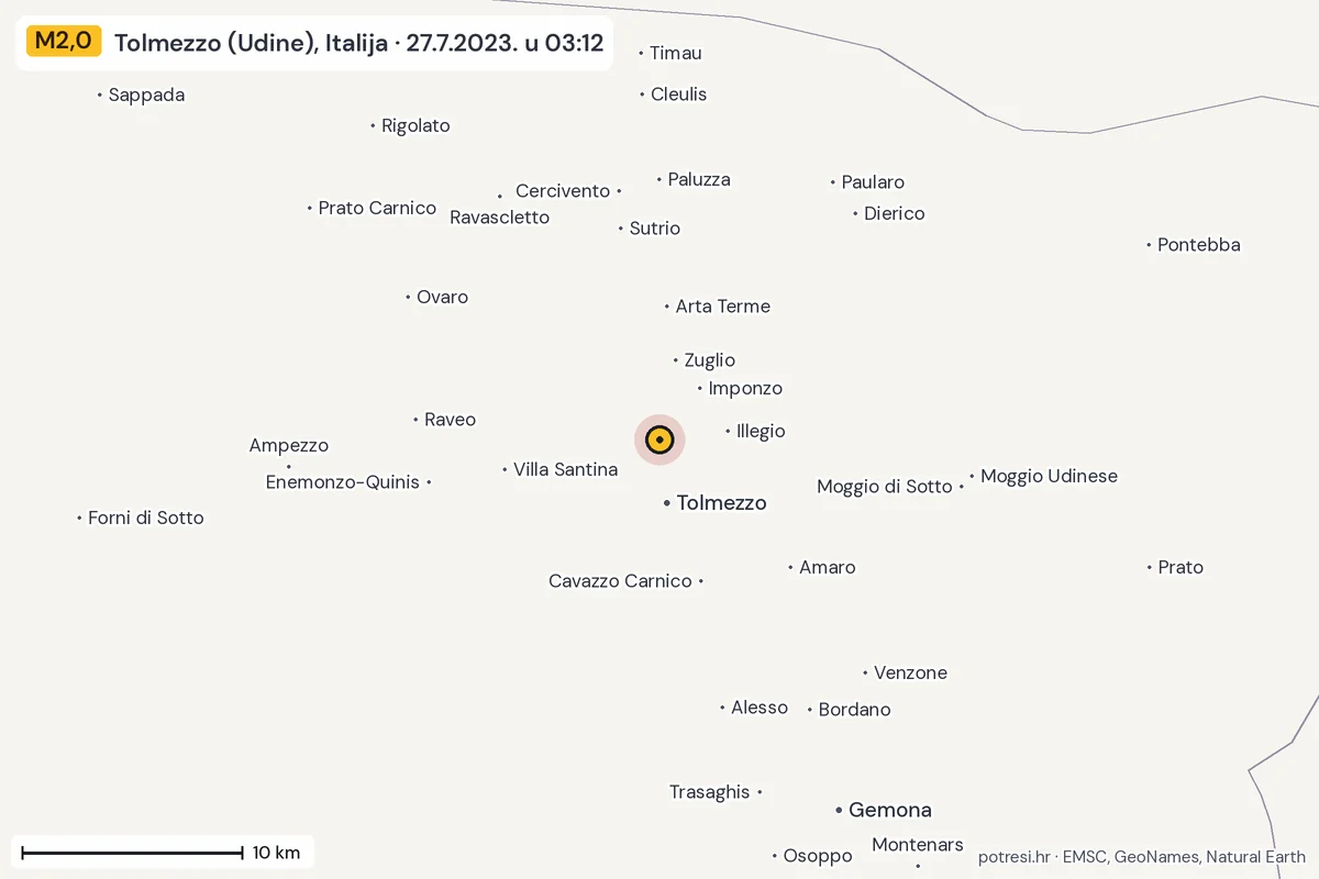 Karta: okolica epicentra, 60 km, potres M2,0, Tolmezzo (Udine), Italija, 27.7.2023.