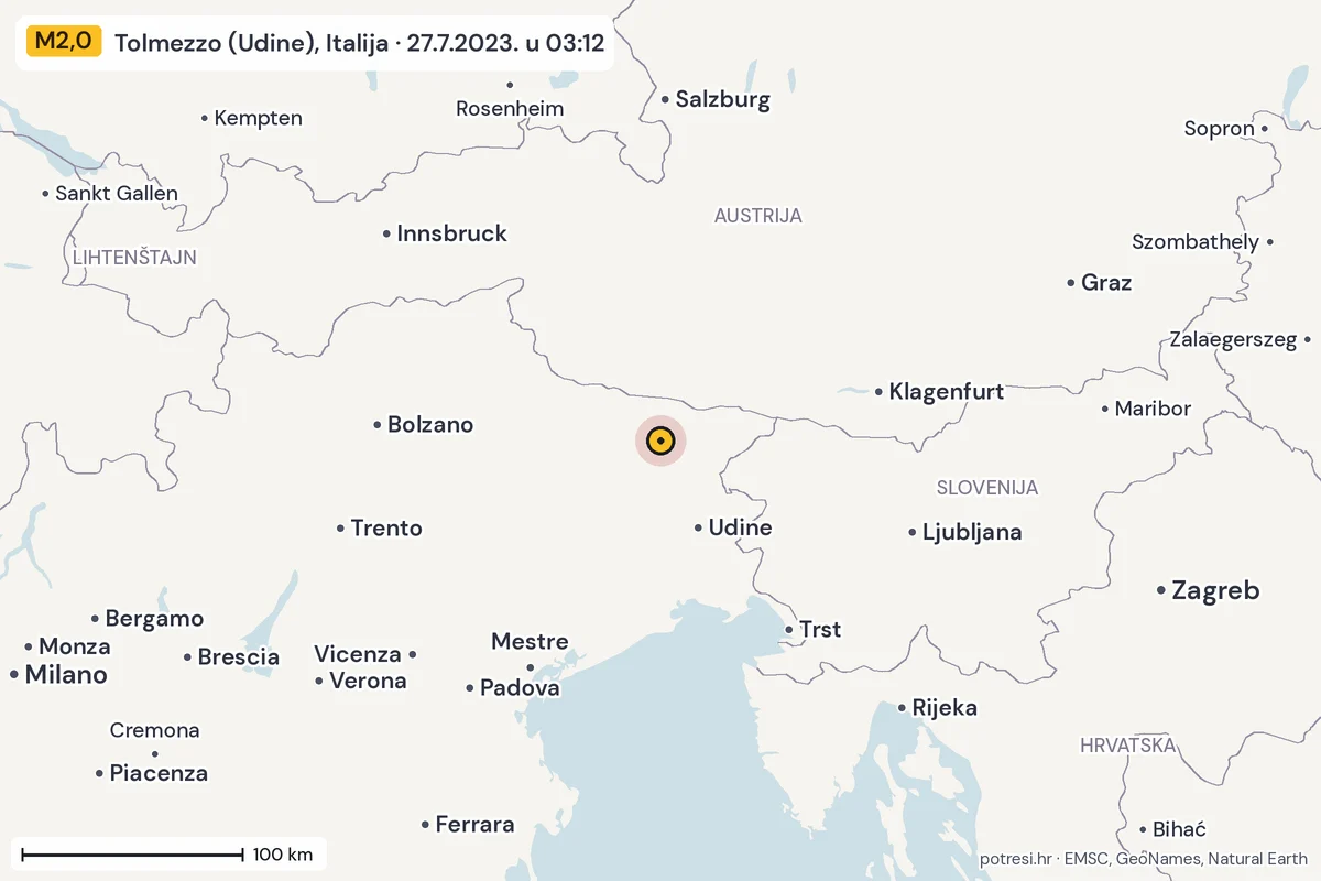 Karta: šire područje, 600 km, potres M2,0, Tolmezzo (Udine), Italija, 27.7.2023.