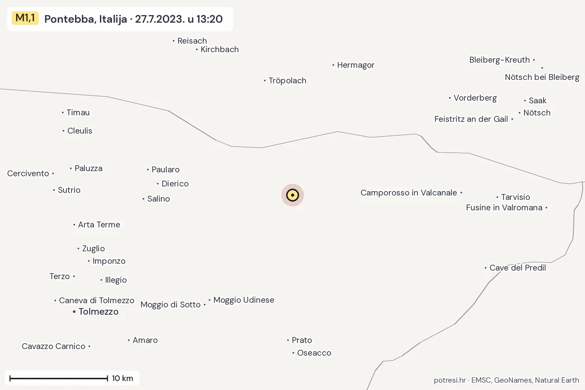 Karta: okolica epicentra, 60 km, potres M1,1, Pontebba, Italija, 27.7.2023.