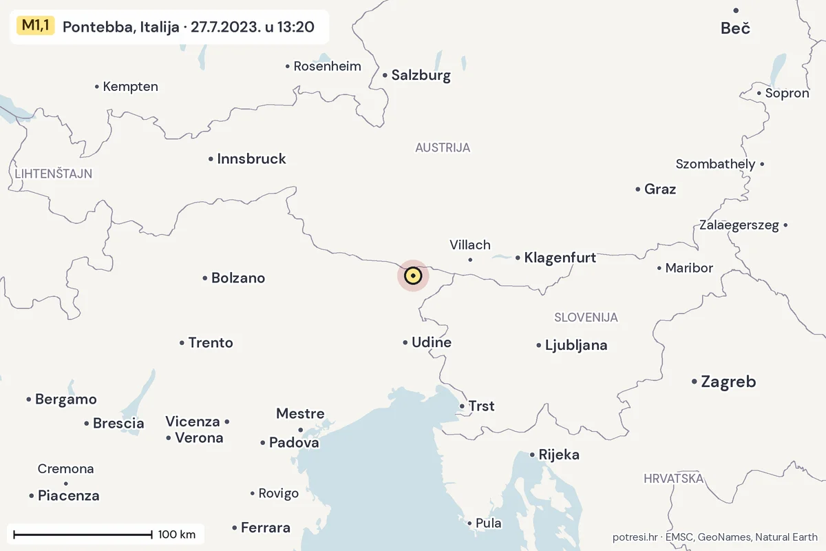 Karta: šire područje, 600 km, potres M1,1, Pontebba, Italija, 27.7.2023.