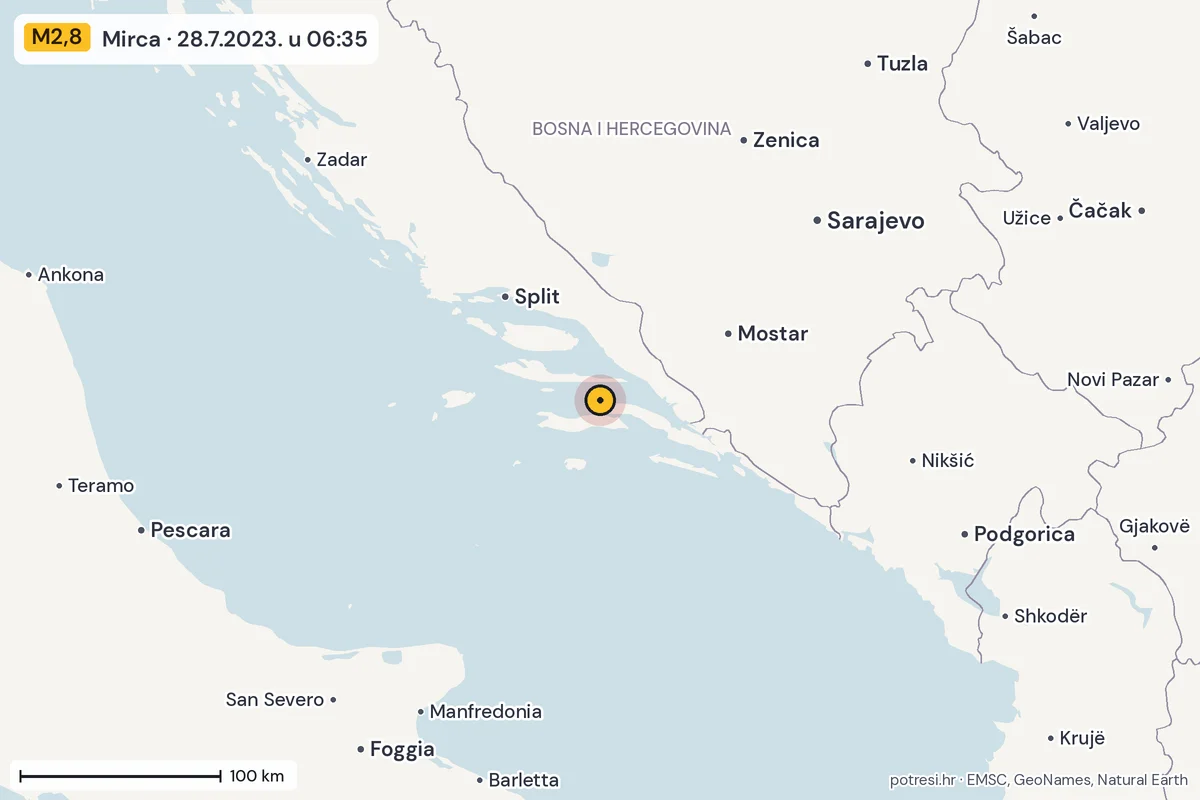 Karta: šire područje, 600 km, potres M2,8, Mirca, 28.7.2023.